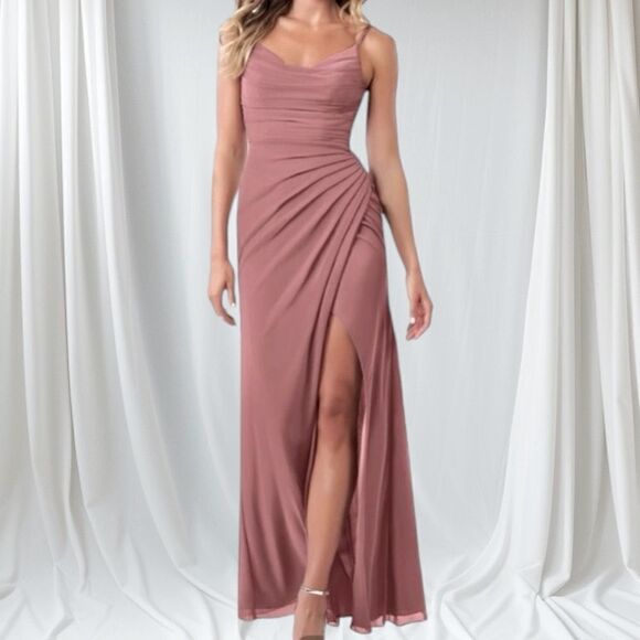 AZAZIE Dress NEW Bridesmaid Deandra  Pleated Flattering Slit Dusty Rose Size A2 - Picture 1 of 15